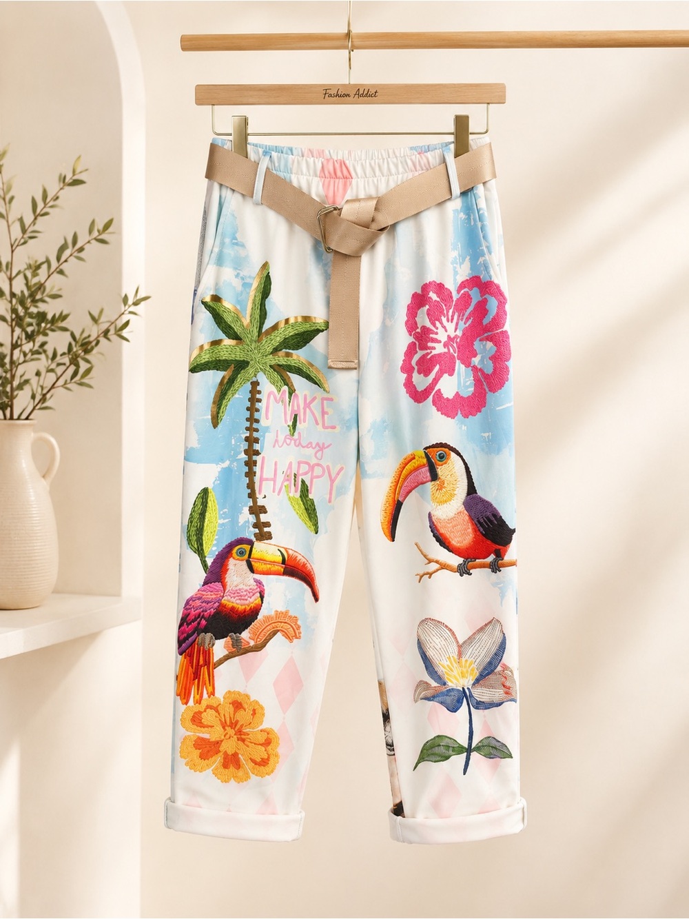A20. From Italy 🇮🇹 FRIDA Tropical Print Jogger Pants - Beige Belt